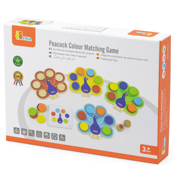 VIGA Wooden Match Colors Game Peacock Tail Montessori + Cards
