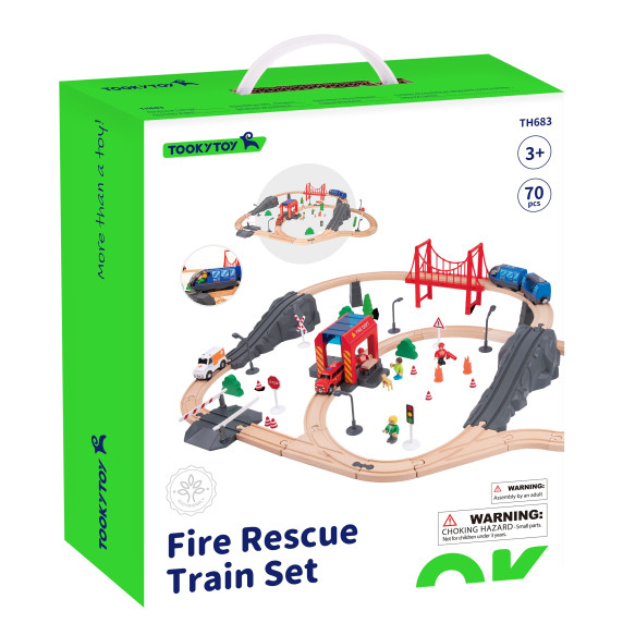 Tooky Toy Wooden Electric Train Fire Department Sound Effects 70 pcs FSC