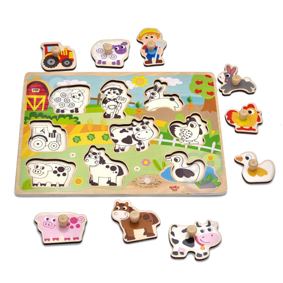 TOOKY TOY Wooden Montessori Puzzle Farm with Matching Pins