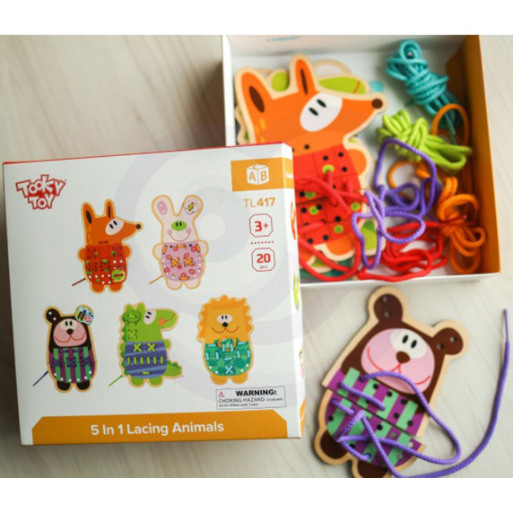 TOOKY TOY Wooden 5-in-1 Animal Lacing Game
