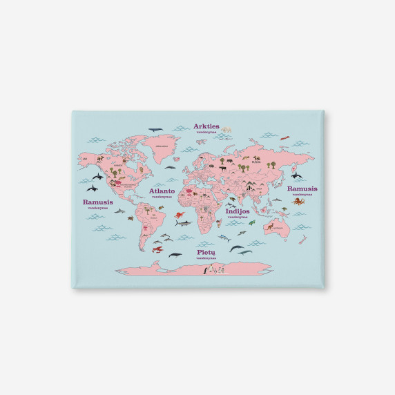 PINK WORLD MAP WITH ANIMALS painting on canvas