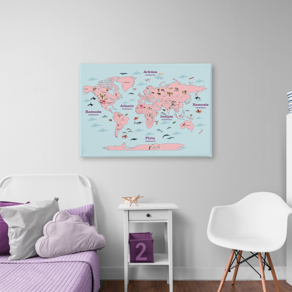 PINK WORLD MAP WITH ANIMALS painting on canvas