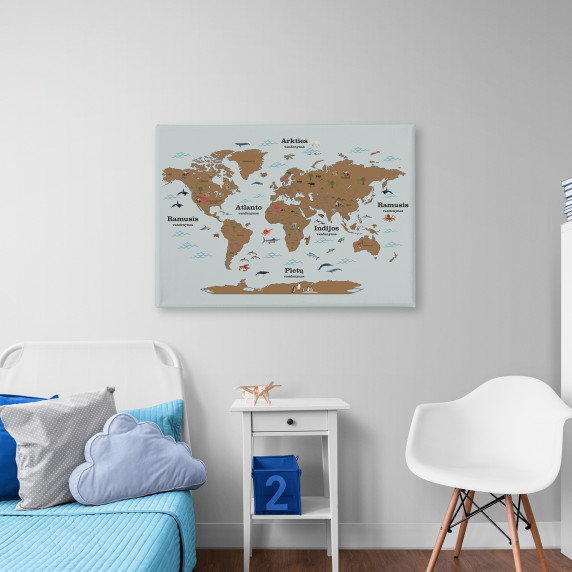 IZVEIDOJUMS PASAULES KARTE AR DZĪVNIEKU ZĪMĒJUMU uz audekla