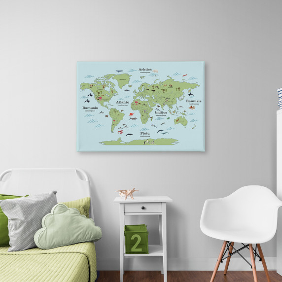 GREEN WORLD MAP WITH ANIMALS painting on canvas