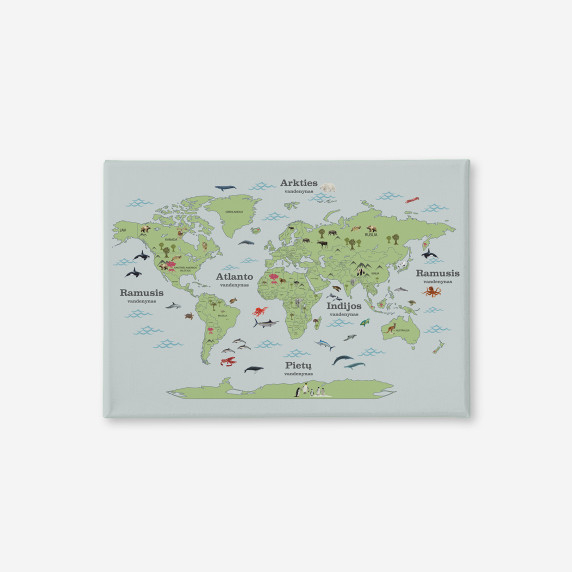 GREEN WORLD MAP WITH ANIMALS painting on canvas