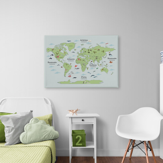 GREEN WORLD MAP WITH ANIMALS painting on canvas