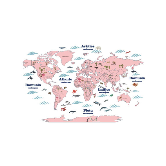 WORLD MAP OF COUNTRIES WITH ANIMALS IN LITHUANIAN LANGUAGE Educational wall sticker