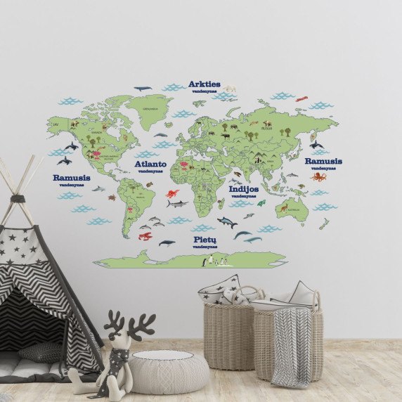 WORLD MAP OF COUNTRIES WITH ANIMALS IN LITHUANIAN LANGUAGE Educational wall sticker